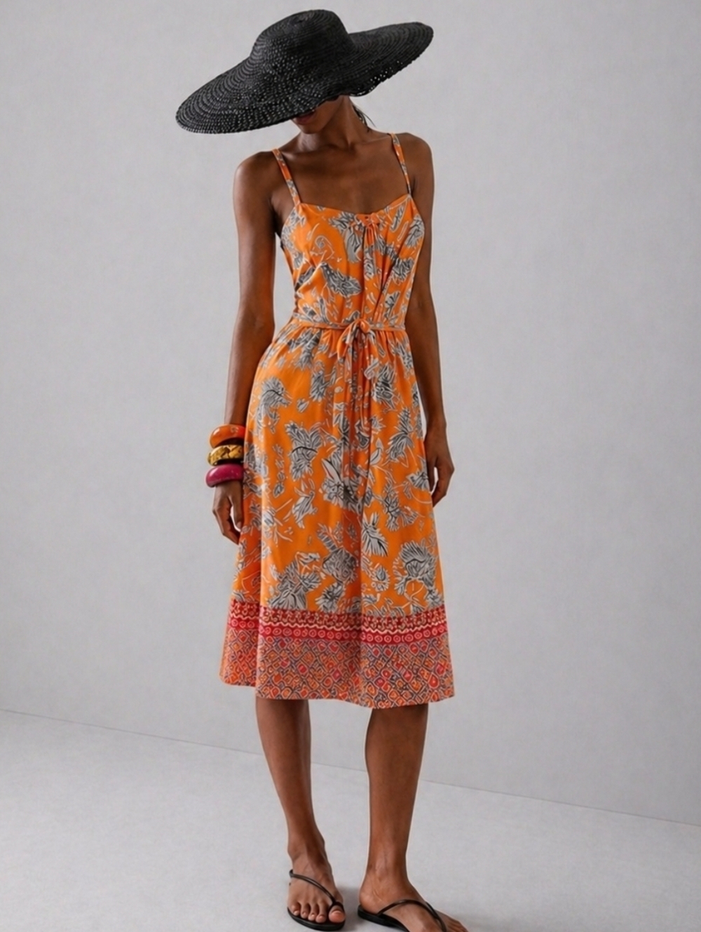 Beachlunchlounge Orange Floral Print Maxi Dress with Tie Waist Size XS New